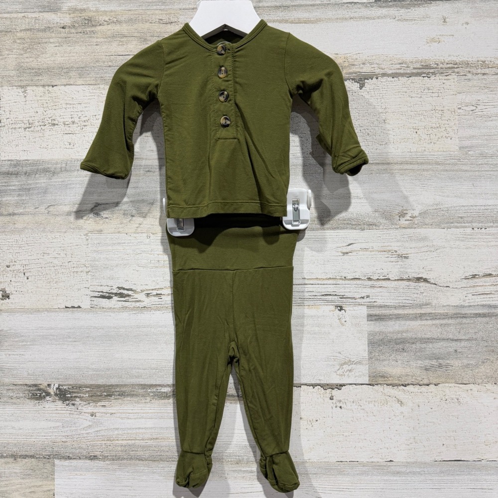 Lou Lou and Company Henley Set Kids Newborn Olive Green Ribbed Boho EUC